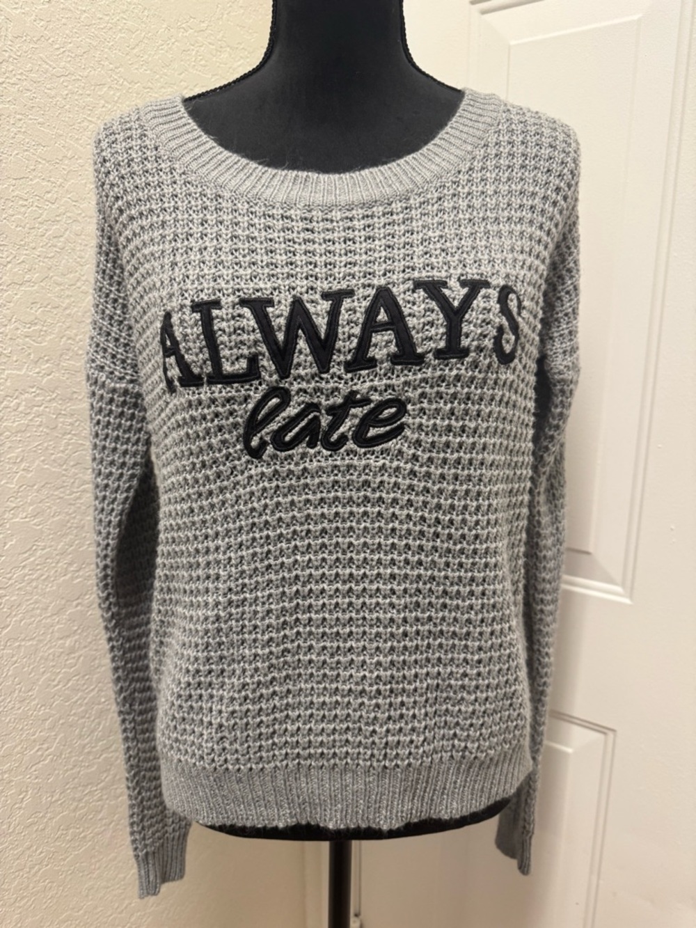 Yoki Gray Waffle-Knit 'Always Late' Crewneck Sweater
